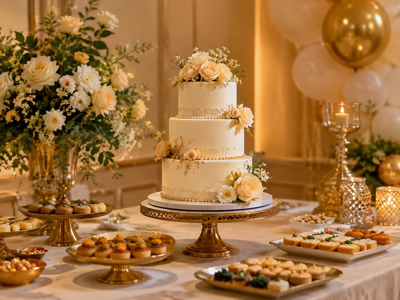Birthday party catering table with cake and snacks
