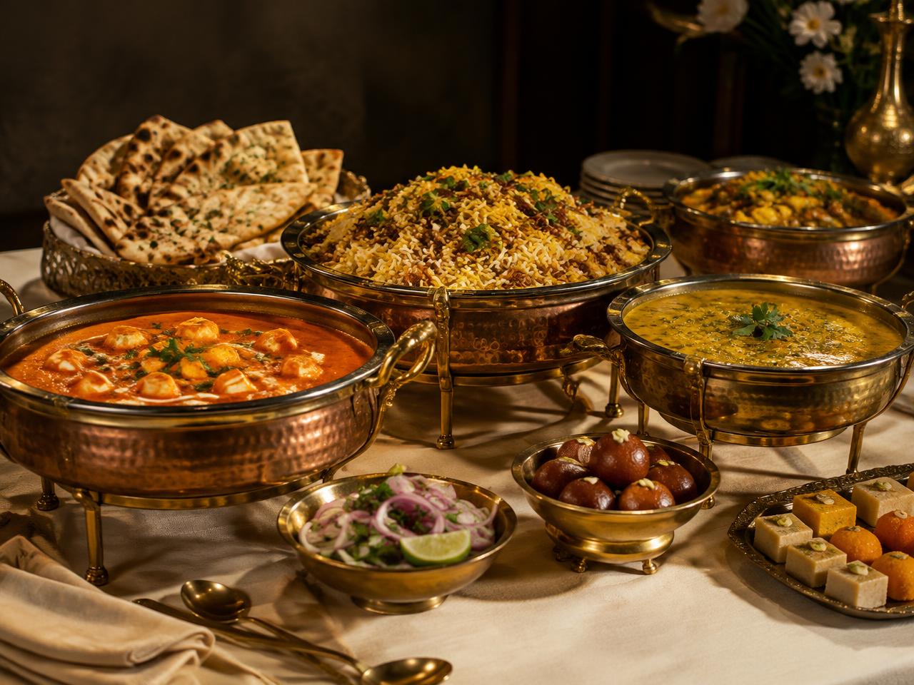 Indian catering buffet with paneer, biryani, dal and sweets