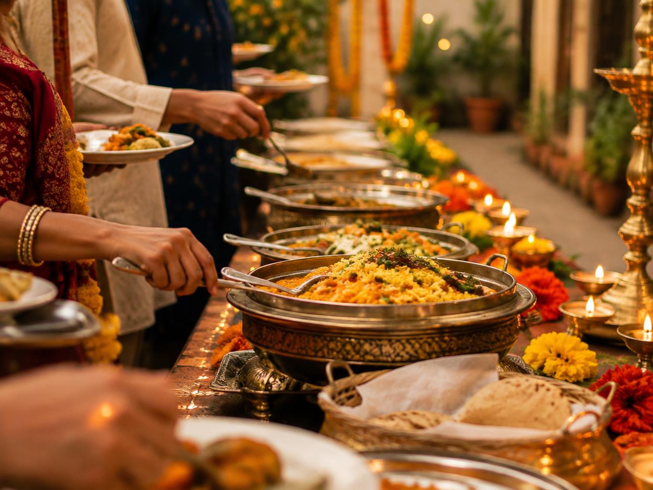 Family function buffet with traditional Indian dishes