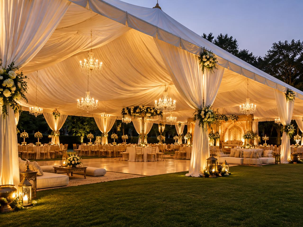 Elegant tent setup with draped ceiling and chandeliers
